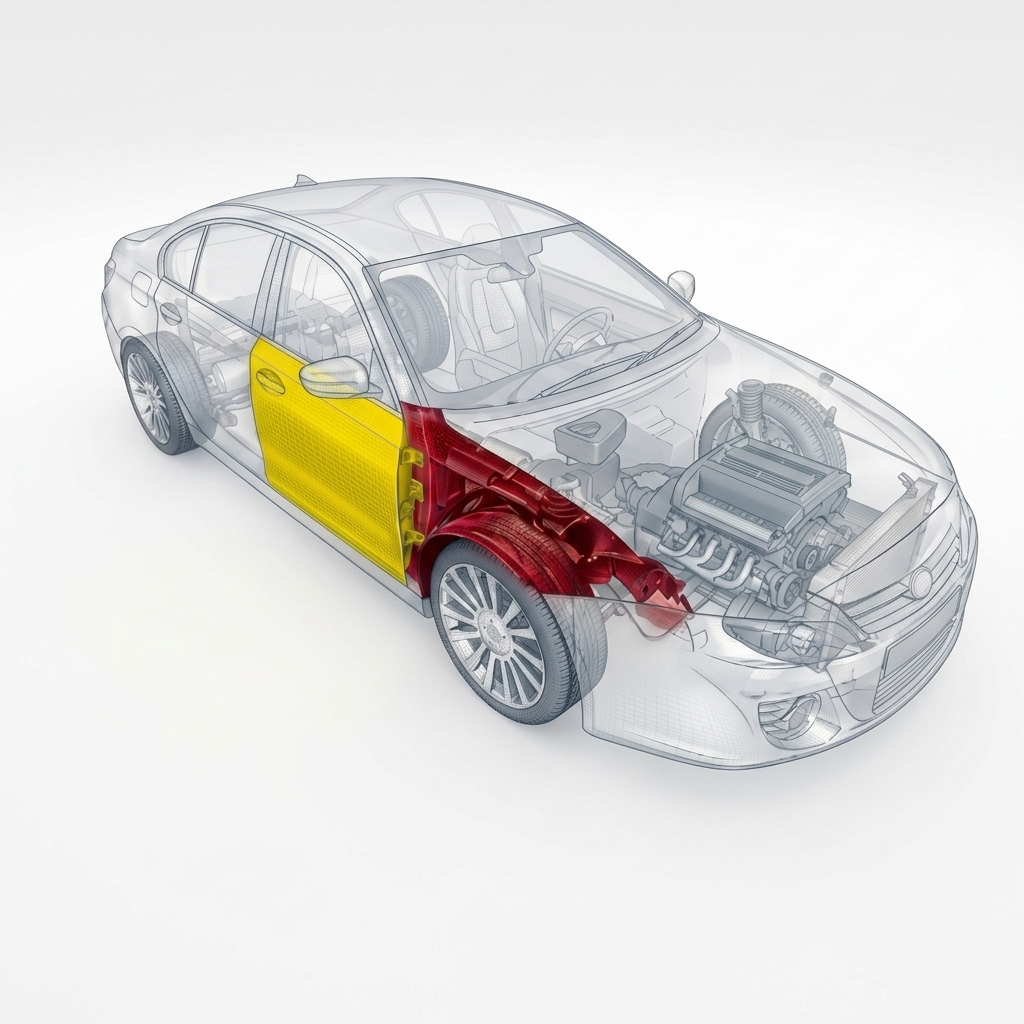 Vehicle diagram showing front right fender and door impact zones